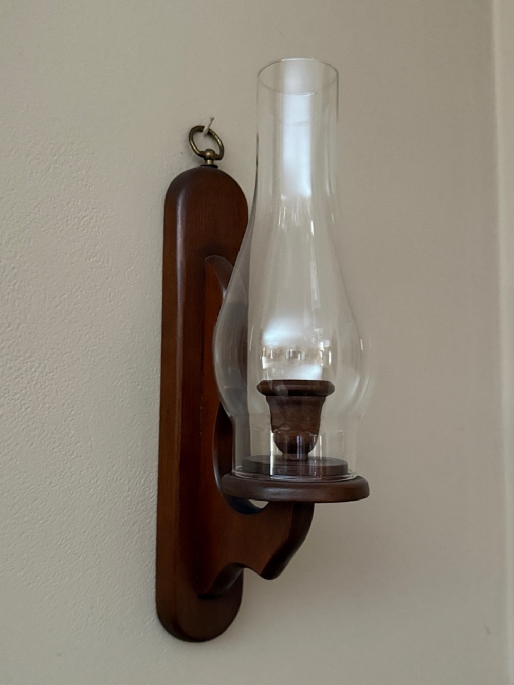 Vintage Pair of Wooden Wall Sconce with Glass Hurricane - Brown